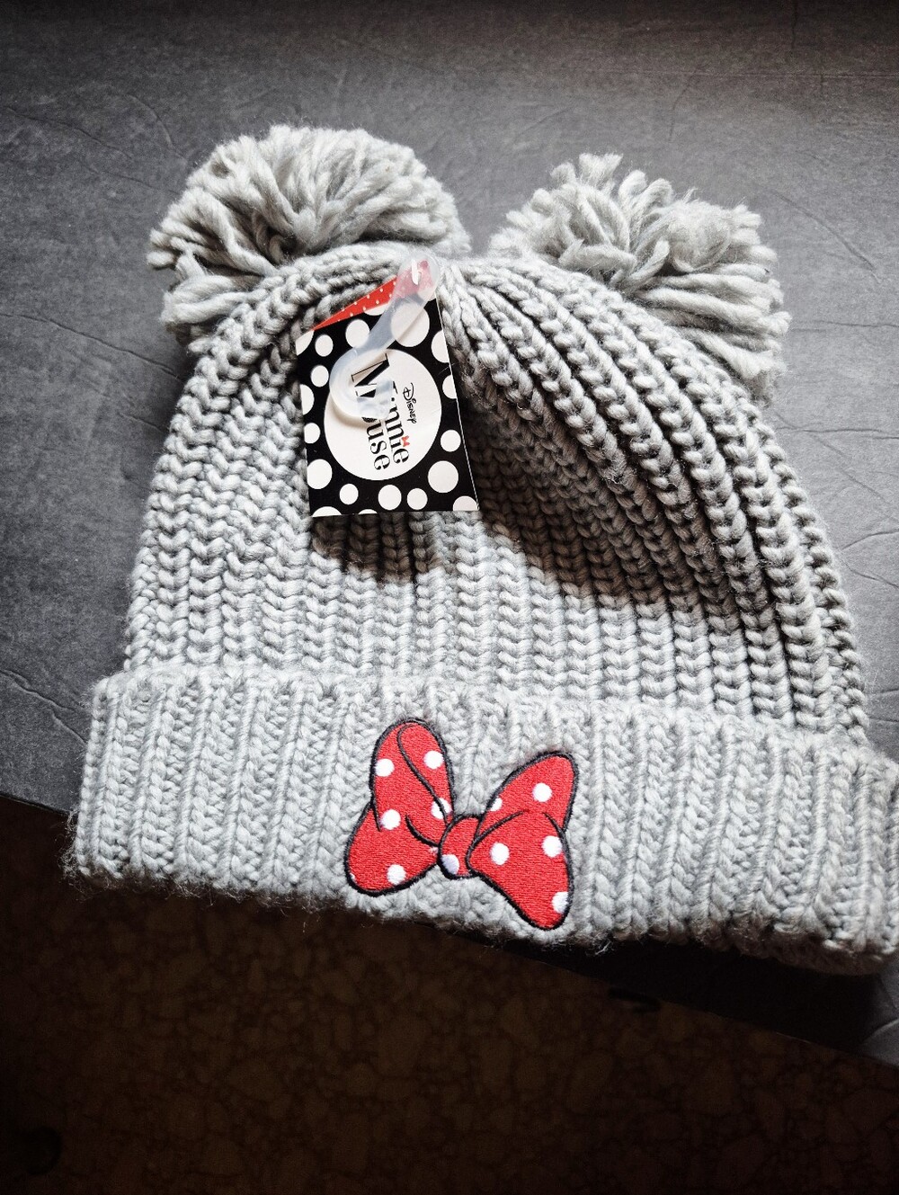 Disney Mickey Mouse Gray Beanie Pom Pom Ears Center Red And White Bow NWT